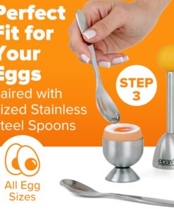 Egg Cups For Soft Boiled Eggs with Spoons - Egg & Cracker Tool Set - Stainless Steel Egg Opener Topper & Cutter - Hard Boiled Egg Holder Tool by Eparé Yellow Rubber Handle 26 81Qvg oHmsL