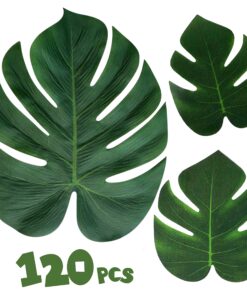 Moon Boat 120PCS Tropical Palm Leaves Plant Imitation Leaf-Hawaiian/Luau/Jungle Party Table Decorations 36 81R0upReSkL
