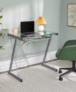 Walker Edison Metal and Glass Work From Home Laptop Computer Gaming Desk with Slide In Keyboard Tray Home Office, 31 Inch, Silver Single Desk Stanford 34 81R1Ui95eFL