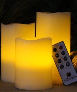 LED Lytes Timer Remote Control Flameless Candle Set, 3 Flickering Candles, 3 in Wide by 4, 5, 6 in Tall, Real Ivory Wax and Amber Flame, Home Decor, Large Battery Powered for Gifts for Mom Round Ivory Wax and Amber Flame 31 81R8013wiHL