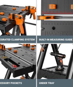 Worx Pegasus 2-in-1 Folding Work Table & Sawhorse, Easy Setup Portable Workbench, 31" W x 25" D x 32" H Lightweight Worktable with Heavy-Duty Load Capacity, WX051 - Includes 2 Clamps & 4 Clamp Dogs Worx Pegasus Work Table 35 81R8DBx25fL