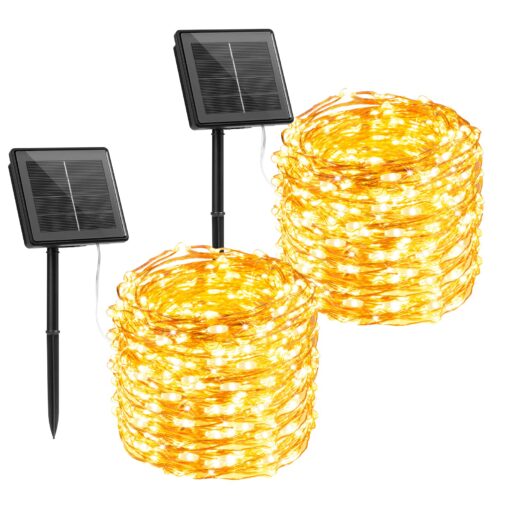 Brightown Solar String Lights, 2 Packs Total 66Ft 200 LED Solar Fairy Lights with 8 Modes, Waterproof Solar Lights for Outside Patio Yard Tree Wedding Christmas(Warm White) 33FT*2Packs Warm White