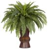 Nearly Natural 6628 Boston Fern with Bamboo Vase Decorative Silk Plant, Green 12" x 12" x 35"