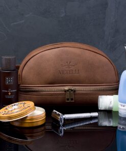 Vetell Classic Men's Leather Toiletry Bag and Dopp Kit with Upper and Lower Zippered Compartments, 2 Mesh Bottle Pouches, and Carrying Handle - The Best Gift for Men. 38 81RZVQ9yuNL