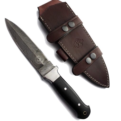 Wolfklinge Damascus Steel Bowie Knife for Outdoor Enthusiasts - Full Tang Micarta Handle, Flat Edge Blade, Leather Sheath DCX17-57