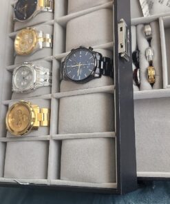 SONGMICS 12-Slot Watch Box, Lockable Watch Case with Glass Lid, 2 Layers, with 1 Drawer for Rings, Bracelets, Gift Idea, Black Synthetic Leather, Gray Lining UJWB012 Black + Gray 12 Slot 36 81RjuC9d2tL