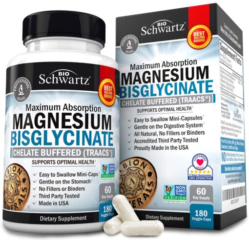 Magnesium Bisglycinate 100% Chelate No-Laxative Effect - Maximum Absorption & Bioavailability, Fully Reacted & Buffered - Healthy Energy Muscle Bone & Joint Support - Non-GMO Project Verified -180ct