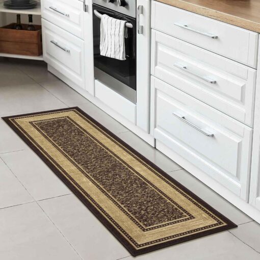 Machine Washable Bordered Design Non-Slip Rubberback 2x7 Traditional Runner Rug for Hallway, Kitchen, Bedroom, Living Room, 1'10" x 7', Brown Border Dark Brown Runner - 1'10" x 7'