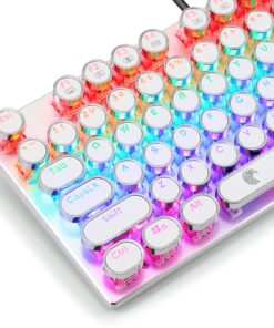 HUO JI E-Yooso Z-88 Typewriter Mechanical Keyboard, Rainbow LED Backlit, Vintage Retro Style with Blue Switches, Compact 81 Keys for PC, Mac, White rainbow, blue switch, white 9 81SNYntkReL