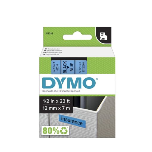 DYMO Standard D1 43610 Labeling Tape (Black Print on Clear Tape, 1/4'' W x 23' L, 1 Cartridge), DYMO Authentic 1/2" Black on Blue