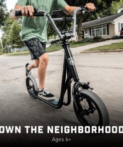 Mongoose Expo Youth Kick Scooter, Suggested for Riders with Ages 6 to 9 Years Old, Max. Weight of 175 lbs., Front and Rear Caliper Brakes, Rear Axle Pegs, 12-Inch Inflatable Wheels Black/Blue 25 81Sr6YWUYEL