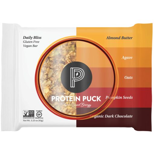 Protein Puck Plant Based Bars | Snacks with 15 grams of Vegan Protein | Gluten Free, Non Dairy, Kosher Certified Non GMO Premium Healthy Bar | Daily Bliss, 16 Count (1 Pack) Daily Bliss - Almond Butter, Dark Chocolate, Oats 16 Count (Pack of 1)