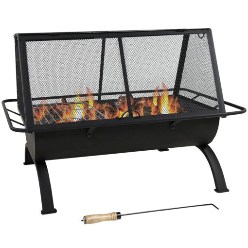 Sunnydaze 36-Inch Northland Outdoor Rectangular Fire Pit with Cooking Grill, Poker, and Spark Screen - Black Finish