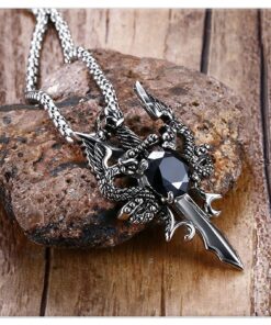 Xusamss Punk Titanium Steel Wing Dragon Crystal Pendant Sword Necklace,24inches Link Chain 316L Steel Dragon Sword 11 81TCkp79EJL