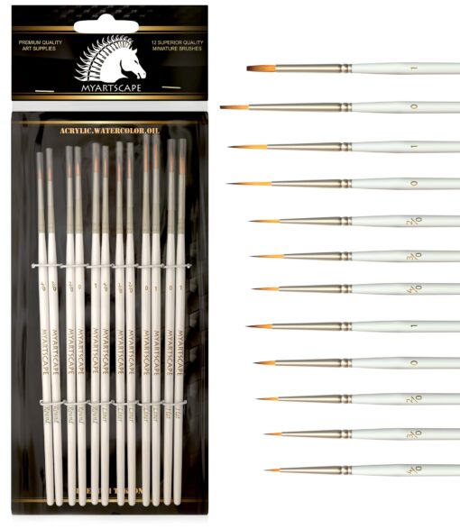 MyArtscape Artist Supplies Miniature Paint Brushes, Set of 12 for Detail & Fine Point Painting - use with Acrylic, Watercolor, Oil, Gouache - for Pinstriping, Warhammer 40k, Models & Lettering White