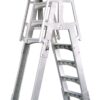 Vinyl Works SLA A-Frame 48-56 Inch Adjustable Above Ground Swimming Pool Ladder Entry System with Slide Lock Barrier and Handrails, White