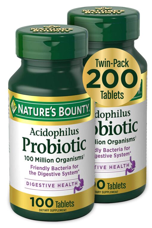 Nature's Bounty Acidophilus Probiotic, Daily Probiotic Supplement, Supports Digestive Health, Twin Pack, 200 Tablets Unflavored 100 Count (Pack of 2)