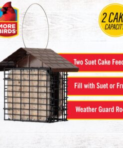 More Birds Double Suet Cage Bird Feeder with Metal Roof, Fruit and Suet Feeder, 2 Suet Cake Capacity Brown Double Cage 26 81TkAff GRL