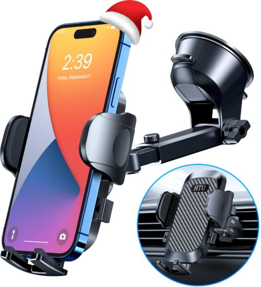 HTU [Strongest Shockproof] Cell Phone Holder Car [Military-Grade 5-in-1] Universal Handfree Phone Mount Car Dashboard Windshield Vent Pickup Truck Stand for iPhone 15 14 13 12 Samsung Android, Black