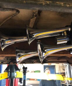 MPC 4 Trumpet Train Air Horn Kit - Fits Almost Any Vehicle: Truck, Car, Jeep, SUV. Includes Four Chrome Trumpets with All-In-One Air System: 110 PSI, 12-Volt Air Compressor, Tank, & More. Complete Kit 22 81Trn9RaRoL 1