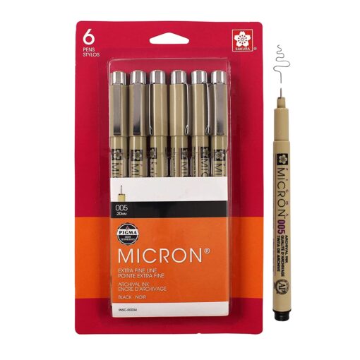 SAKURA Pigma Micron Fineliner Pens - Archival Black Ink Pens - Pens for Writing, Drawing, or Journaling - Black Ink - 005 Point Size - 6 Pack 005 Tip