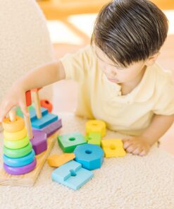 Melissa & Doug Geometric Stacker - Wooden Educational Toy - Shape Sorter And Stacking Toy, Stacking Tower Toy For Babies, Toddlers And Kids Ages 2+, Multicolor, Playsets 29 81UQV2utnL