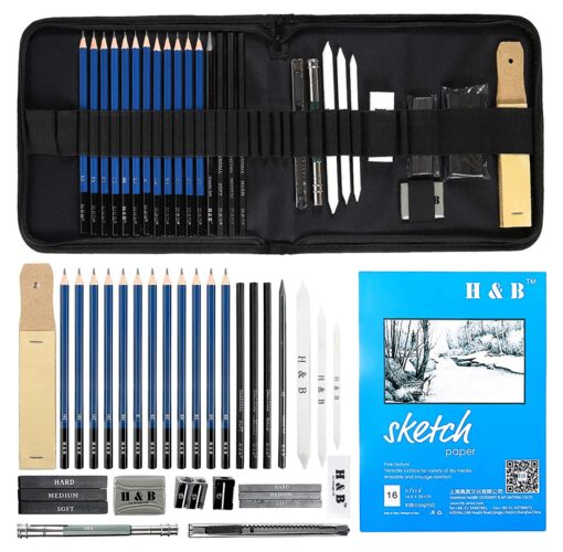 H & B Drawing Pencils Set, 33 Pieces Sketch Pencils & Drawing Kit, Includes Sketch Pad, Graphite Pencils, Charcoal Sticks and Eraser, Supplies for Artists/Beginner/Adults 33 Piece Set