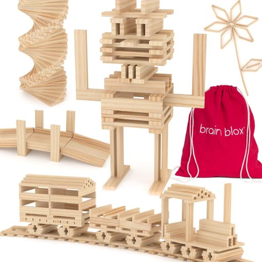 Brain Blox Natural Wooden Blocks for Kids Ages 4-8 - Montessori Blocks for Hands-on Learning - STEM and Architecture for Kids (200 Building Blocks)