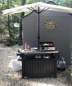 Keter Unity XL Outdoor Kitchen Island Rolling Cart Bar Table & Storage Cabinet, Grill Station with Utensil Hooks for Grilling Accessories, Brown Table and Cabinet 43 81V7Eid57L