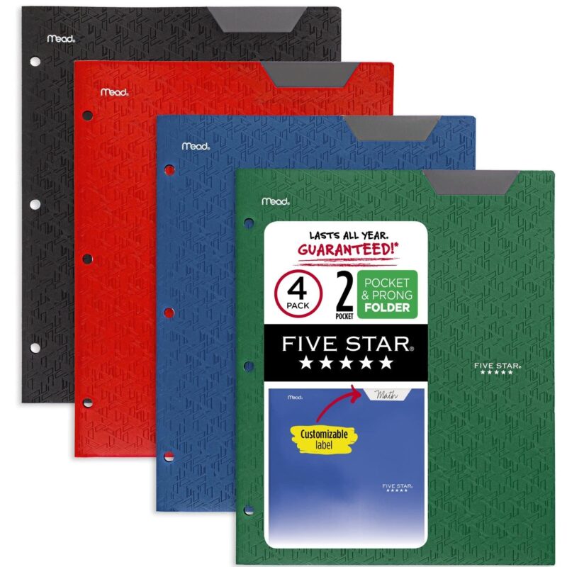 Catalog 8 Five Star 2 Pocket Folders, 4 Pack, Stay-Put Folders, Plastic Colored Folders with Pockets & Prong Fasteners for 3-Ring Binders, 11” x 8-1/2”, Black, Red, Green, Blue (38049)