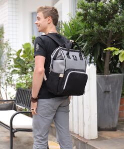 Hafmall Diaper Bag Backpack, Multifunctional Baby Diaper Bag with Stroller Hooks, Stylish Baby Bag for Mom Dad, Gray Black Black Gray 50 81VZHkebBLL