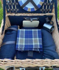 PICNIC TIME Romantic Canterbury Deluxe Wicker Picnic Basket Set for 2, with Blanket and Soft Cooler, One Size, Navy with Plaid 46 81VgJtqsg0L