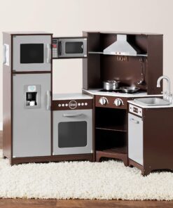 Amazon Basics Kids Corner Wooden Kitchen Toy Playset with Stove, Oven, Sink, Fridge and Accessories, for Toddlers, Preschoolers, Children Age 3+ Years, Espresso/Gray, 39.37"L x 28.35"W x 35.04"H Corner Kitchen 31 81VgTUxrLLL