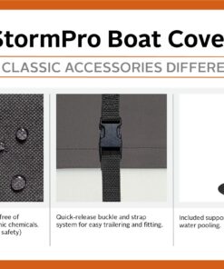 Classic Accessories StormPro Dark Grey Heavy-Duty Boat Cover, Fits boats 16 Foot - 18.5 Foot L x 98 in W, Marine Grade Fabric, Water-Resistant, Fits V-Hull Runabouts OutBoards and I/O 16'-18.5'L x 98"W (beam) Charcoal 22 81VkzoWPIWL