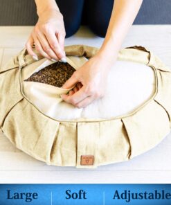 Seat Of Your Soul Crescent Meditation Cushion –10 Colors Half-Moon Yoga Pillow; Organic Cotton Zafu Cover & Zipper Liner to Adjust USA Buckwheat Hulls; Floor Pouf for Sitting Kids, Men or Women Natural 22 81VmRApX7dL