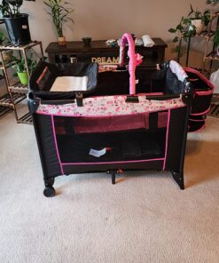 Disney Baby Sweet Wonder Playard, Foldable Baby Playpen: With Newborn Bassinet, Toy Arch, and Carry Bag, Mesh ,Minnie Garden Delight Garden Delight Minnie 26 81VvwABqGSL