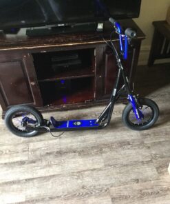 Mongoose Expo Youth Kick Scooter, Suggested for Riders with Ages 6 to 9 Years Old, Max. Weight of 175 lbs., Front and Rear Caliper Brakes, Rear Axle Pegs, 12-Inch Inflatable Wheels Black/Blue 41 81VyTxjnkFL