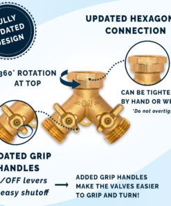 Morvat Heavy Duty Brass 2 way Y Splitter Garden Hose Hexagonal Connector with Comfortable Grip Shut Off Valves, Adapter for Water Tap, Outlet, & Spigot, Includes 2 Extra Rubber Washers & Teflon Tape 1 25 81W qLBy9PL 3