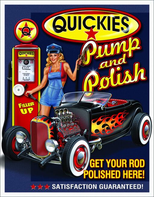 Desperate Enterprises Quickies Pump & Polish Tin Sign - Nostalgic Vintage Metal Wall Decor - Made in USA