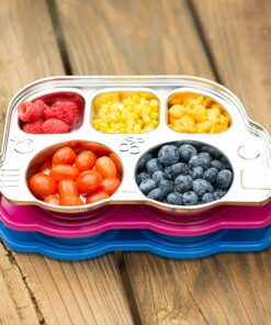 Innobaby Stainless Bus Plate with Airtight Sectional Lid, The Original, Leak-Resistant Divided Platter, Mom Invented Fun Shape Plate Din Din Smart for Babies, Toddlers and Kids, BPA Free Plate, Blue 27 81W5bflYV9L