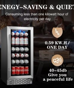 Beverage Refrigerator, Phiestina15 inch 96 Cans Built-in or Freestanding Beverage Cooler Mini Fridge with Auto Defrost,Glass Door & 6 Removable Shelves for Home Bar Office 22.4"D x 14.9"W x 33.9"H Stainless Steel 20 81W7El5iGpL