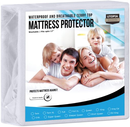 Utopia Bedding Waterproof Mattress Protector Queen Size, Premium Terry Mattress Cover 200 GSM, Breathable, Fitted Style with Stretchable Pockets (White) White