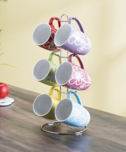 Home Basics 6 Piece Daisy Floral Ceramic 11 Ounce Mug Set For Coffee, Tea, Hot Chocolate etc. with Display Stand Multi color 13 81WJFdNt2TL