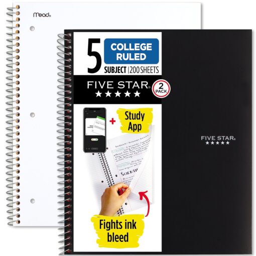 Five Star Spiral Notebooks Plus Study App, 2 Pack, 5 Subject, College Ruled Paper, 11" x 8-1/2", 200 Sheets, Black & White (73035) Black, White