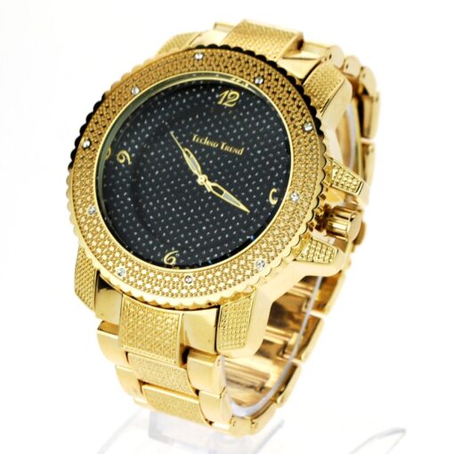 Techno Mens Hip Hop Sparkling Luxury Baller Diamond Bezel Analog Gold Wristwatch Gold, Black Dial