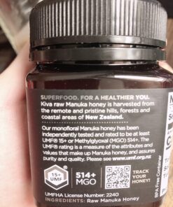 Kiva Raw Manuka Honey, Certified UMF 15+ | MGO 514+ | 100% Pure Genuine New Zealand (8.8oz/250g Bottle) | Non-GMO | No Antibiotics | Traceable | UMF & MGO Certified 48 81WU7CUbEuL