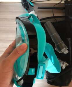 QingSong Full Face Snorkel Mask for Adults & Kids, Snorkeling Gear with Camera Mount, Foldable 180 Degree Panoramic View Snorkeling Set Anti-Fog Anti-Leak Black/Green S/M 22 81WUCwdxZcL