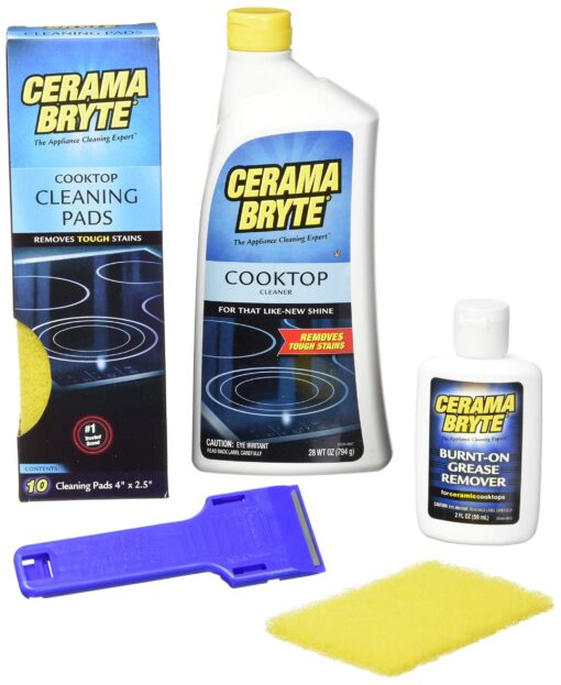 Cerama Bryte Best Value Kit: Ceramic Cooktop Cleaner 28oz, Scraper, 10 Pads, Burnt-on Grease Remover 2oz, 4 Piece Set