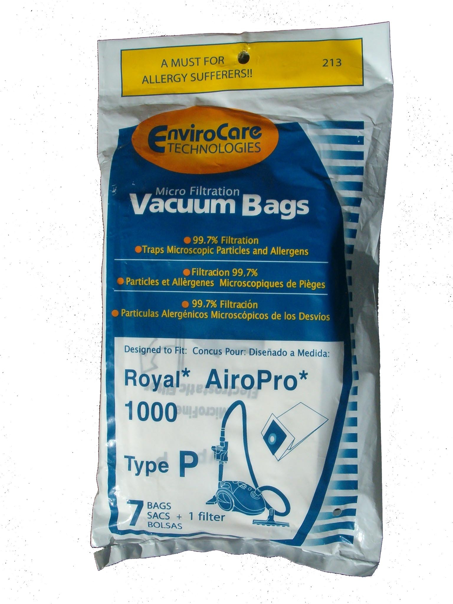 EnviroCare Replacement Micro Filtration Vacuum Bags Designed to fit Royal AiroPro Type P Canisters 7 bags and 1 Filter 1 EnviroCare Replacement Micro Filtration Vacuum Bags Designed to fit Royal AiroPro Type P Canisters 7 bags and 1 Filter