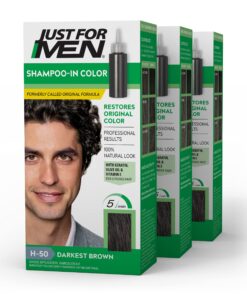 Just For Men Shampoo-In Color (Formerly Original Formula), Mens Hair Color with Keratin and Vitamin E for Stronger Hair - Darkest Brown, H-50, Pack of 3 Darkest Brown H-50 1 Count (Pack of 3)